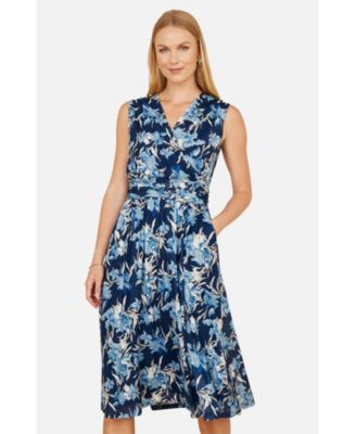 Women's Floral Wrap V Neck Midi Skater Dress