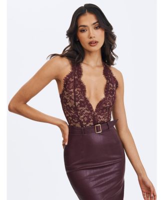 Women's Fiera Mahogany Plunging Halter Belted Midi Dress