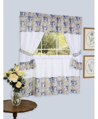 5 Piece Blue and White Floral Cafe Rod Pocket Kitchen Curtain and Valance Set