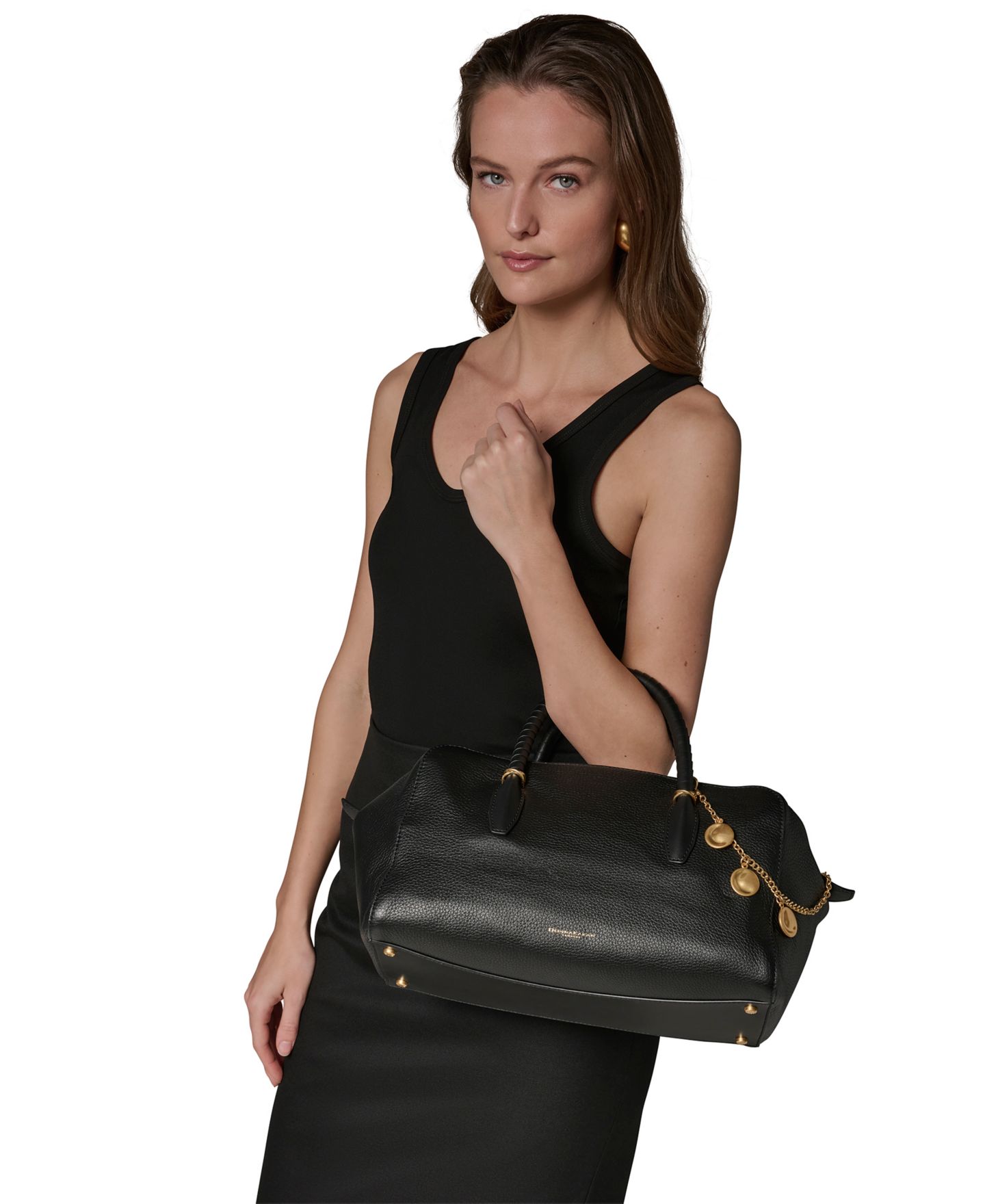 Женская сумка Donna Karan New York Chantilly Medium Leather Satchel, цвет: Чёрный / Золотой — фото 5