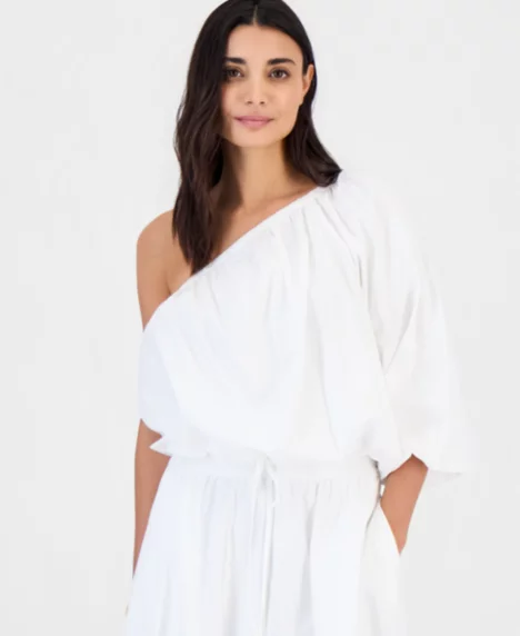 Petite Bubble One-Shoulder Blouse - Bright White