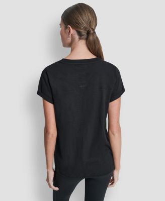 Women's Embroidered Crewneck Logo Roll-Sleeve Top