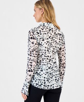 Women's Long-Sleeve Printed Mesh Collared Top