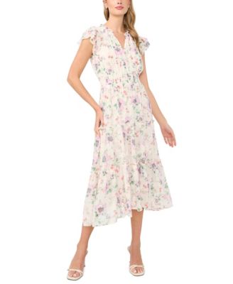 Women's Flutter-Sleeve Smocked Waist Split-Tie Neck Tiered Maxi Dress