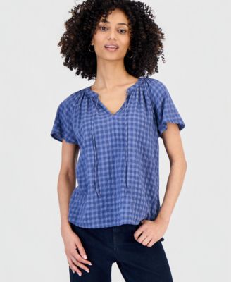 Petite Paisley Bloom Flutter-Sleeve Popover Top