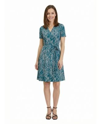 Petite Geometric Print V-Neck Tie Waist Dress