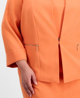 Plus Size Collarless Open-Front Zip-Pocket Jacket 