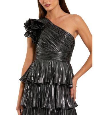 Women's Pleated Metallic Tiered Ruffle One Shoulder Gown