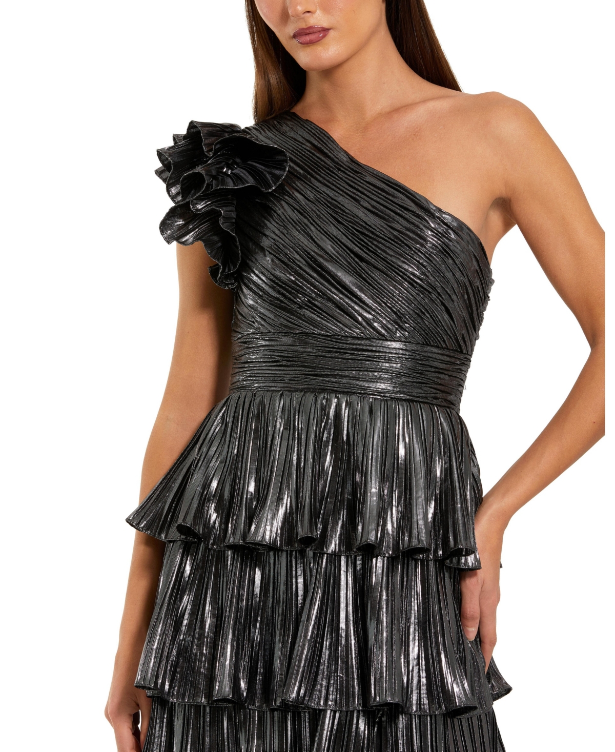Mac Duggal Women's Pleated Metallic Tiered Ruffle One Shoulder Gown