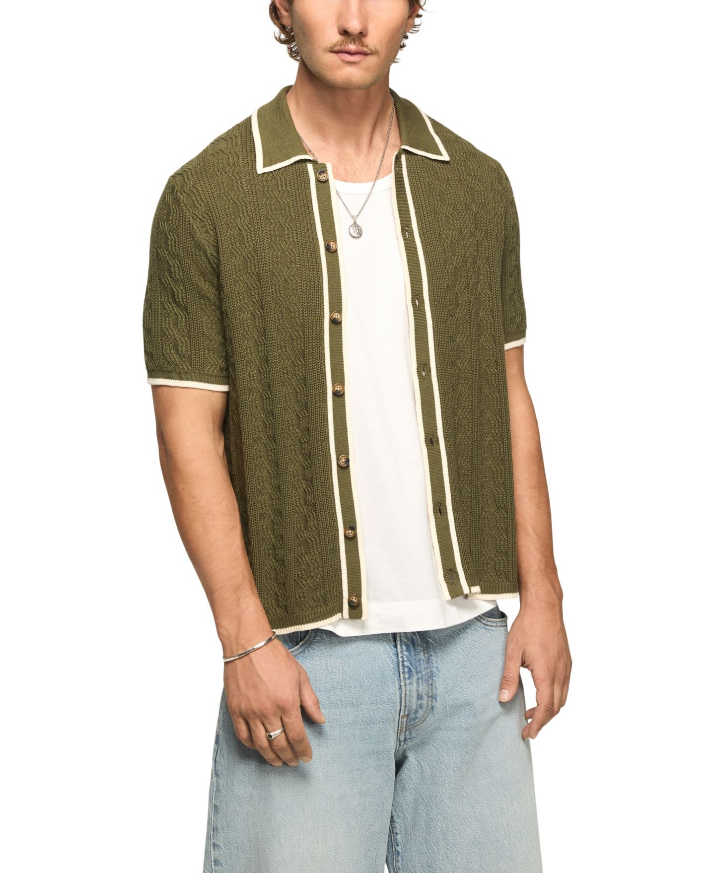 Мужская рубашка Lucky Brand Piping Detail Button-Front Short-Sleeve Shirt, цвет: Оливковый — фото 1