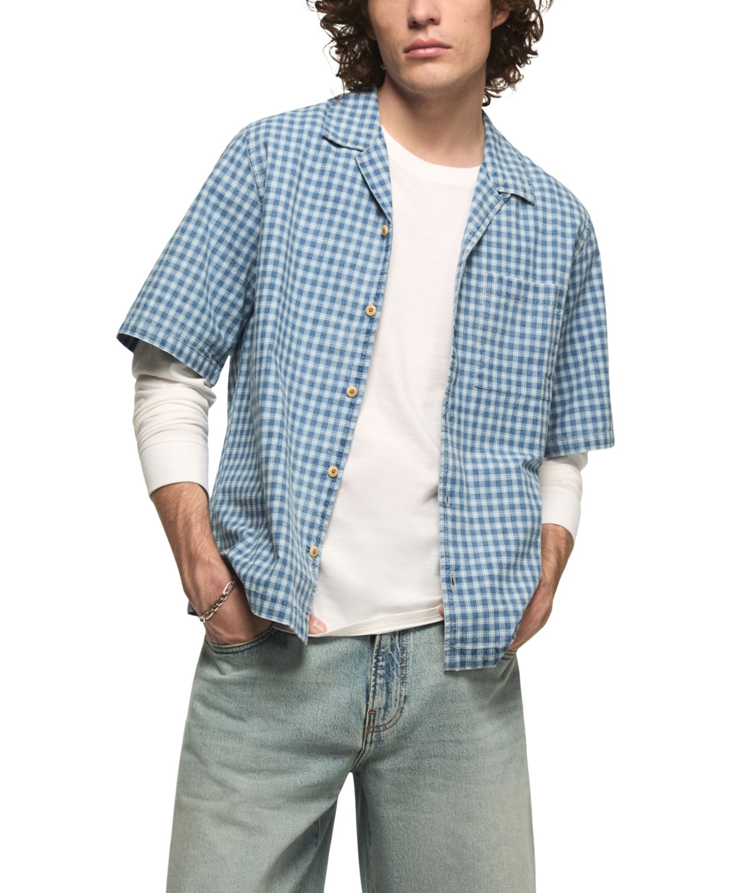 Мужская рубашка Lucky Brand Boxy Gingham Camp Collar, цвет: Индиго — фото 1