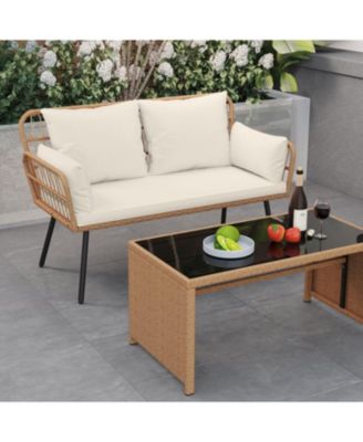 Patio Rattan 2-Seater Chair with Back Cushions & Metal Frame