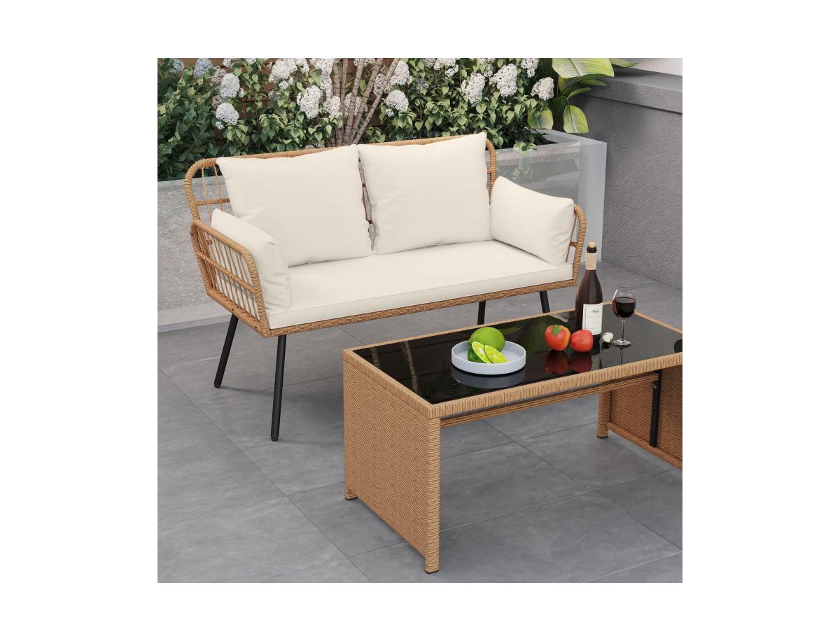 Slickblue Patio Rattan 2-Seater Chair with Back Cushions & Metal Frame