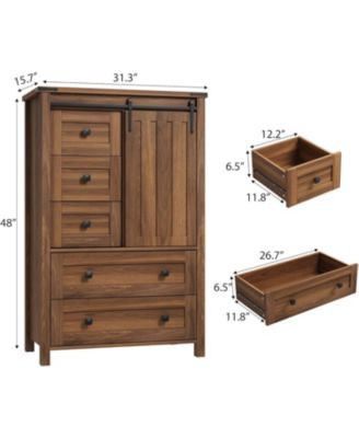 Farmhouse 5 Drawer Dresser for Bedroom, 48" Tall Wood Dressers Chest of Drawer with Sliding Barn Door, Adjustable Shelf, Storage Organizer