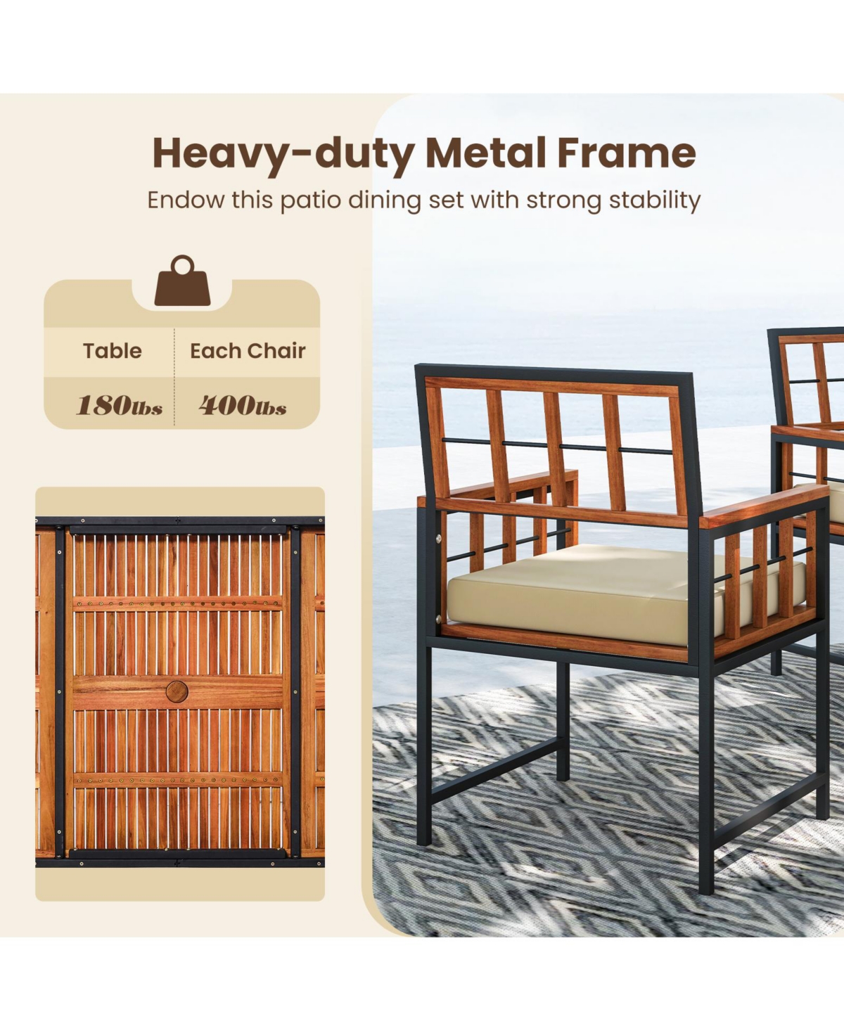 Gymax Acacia Wood Patio Chairs Set of 6 w/Cushions & Metal Frame 400 lbs Capacity