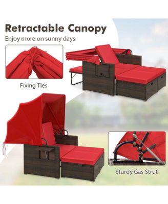 Rattan Daybed w/ Adjustable Backrests & Retractable Canopy for Patio