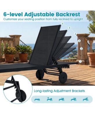 2PCS Patio Chaise Lounge w/Wheels Adjustable 6-Position Backrest Breathable Seat Outdoor