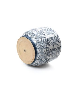 Blue Botanical Floral Ceramic Planter, 15.5" Round Garden Pot for Indoor & Outdoor Plants