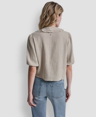 Women's V-Neck Short Puff Sleeve Tie-Front Shirt