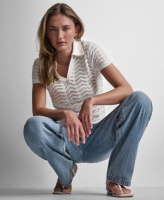 Women's Short-Sleeve V-Neck Polo Cropped Sweater