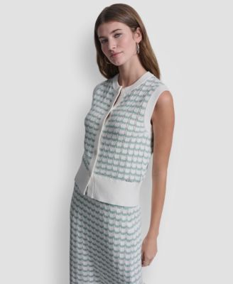 Women's Sleeveless Button-Front Shell & Pointelle Stitch Crew Neck Sweater