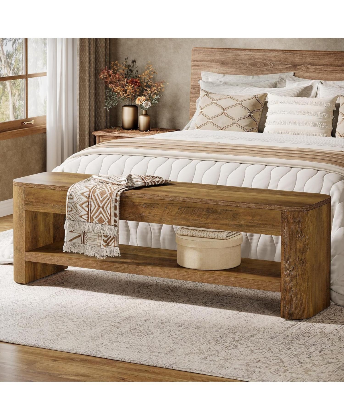 Tribesigns Farmhouse Entryway Bench, 53.5" Wood End of Bed Bench with Shoe Storage, 2-Tier Narrow Indoor Bench