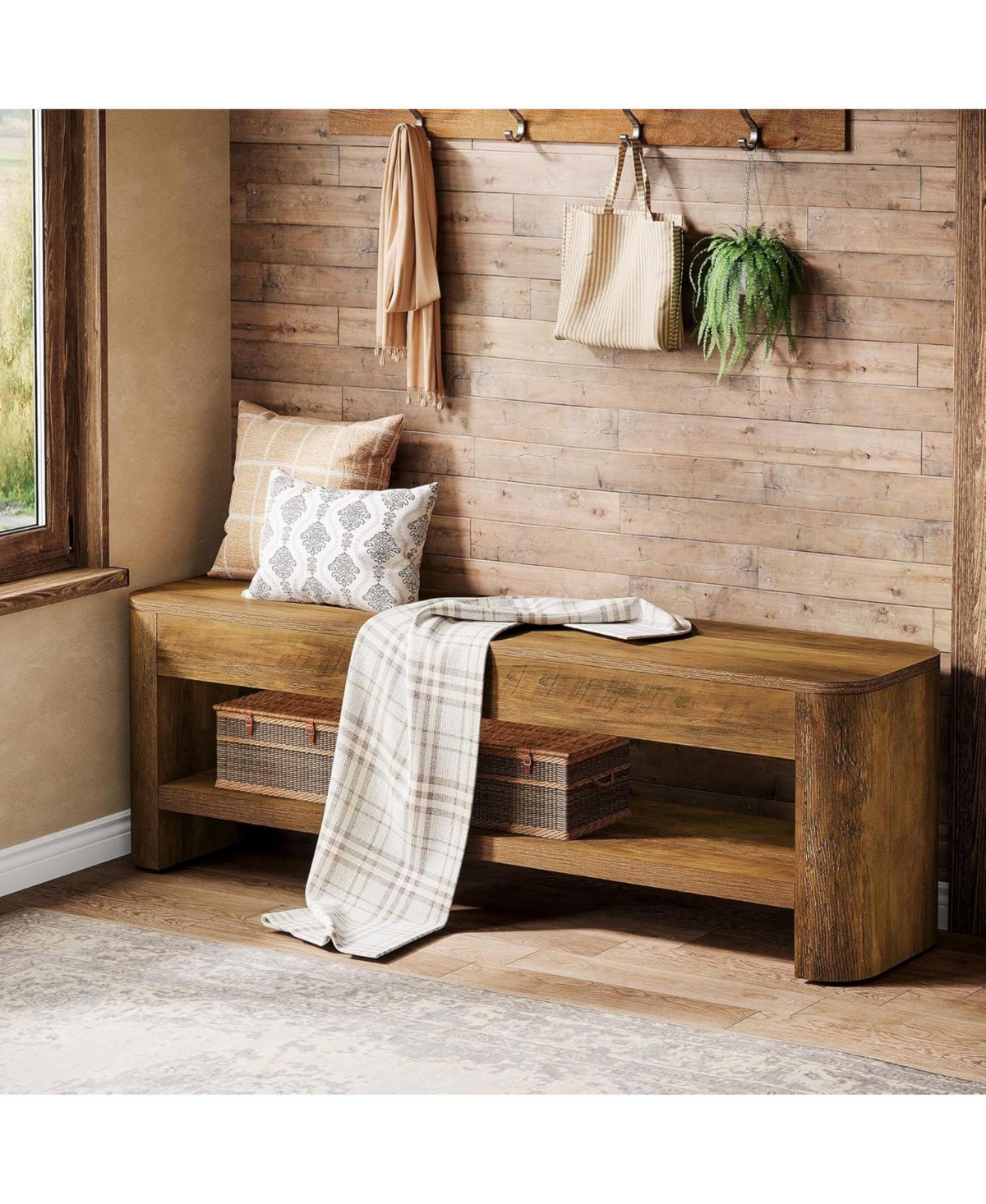 Tribesigns Farmhouse Entryway Bench, 53.5" Wood End of Bed Bench with Shoe Storage, 2-Tier Narrow Indoor Bench