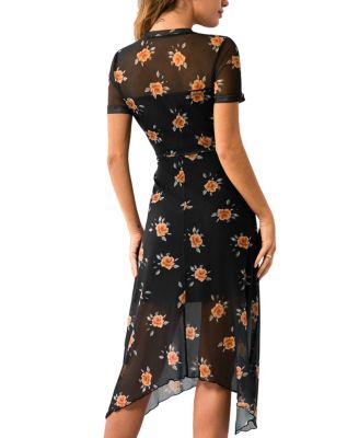 Women's Crewneck Short Sleeve Mesh Asymmetrical Midi Dress