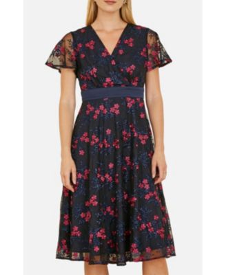 Women's Floral Mesh Wrap Midi Skater Dress