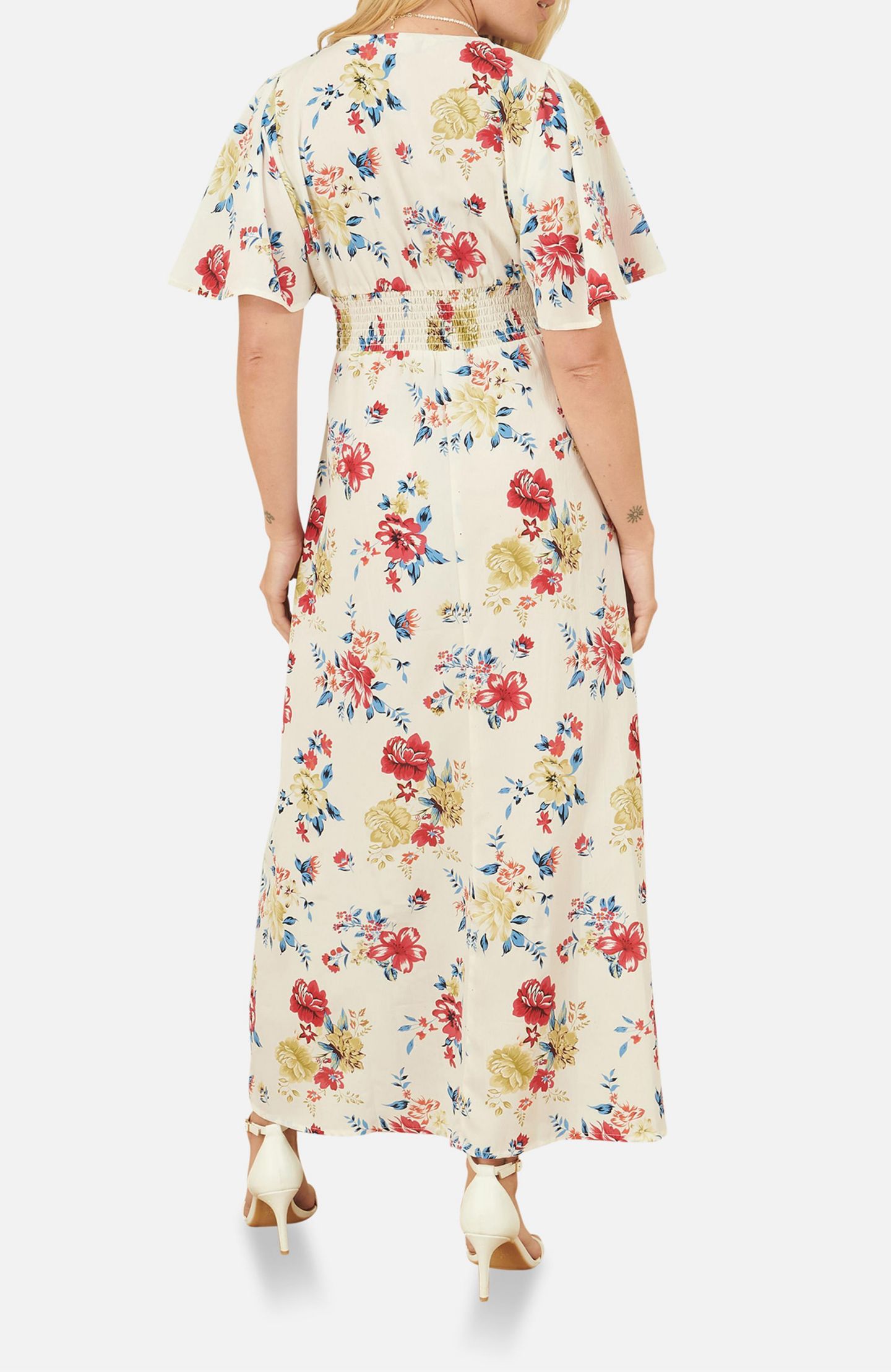 Женское платье Yumi Ruched Waist V-Neck Midi, цвет: Слоновая кость — фото 6