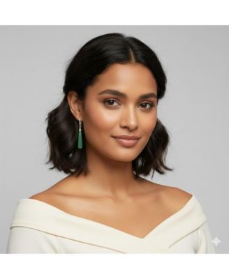 925 Sterling Rhodium Plated Long Tear-drop Green Dyed Jade Dangle Earrings 7mm x 52mm Dangle Earring