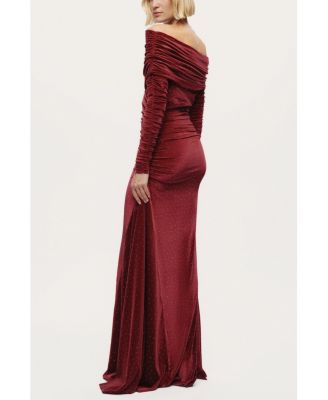 Women's Off-Shoulder Velvet Maxi Dress with Rhinestone Detail