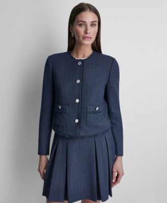 Women's Waffle Boucle Button-Front Cropped Jacket