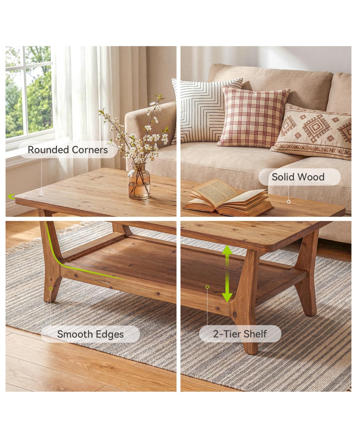 Tribesigns Solid Wood Coffee Table, 47-Inch Living Room Center Table with Shelf, 2-Tier, Smooth Corners, Child-Friendly, Easy Assembly