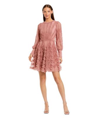 Women's Ruffle Lace Up Back Long Sleeve Mini Dress