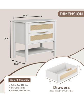 Rattan Nightstand - Bedside Table with 2 Drawers, Open Storage Shelf and Gold Drawer Handles for Bedroom, Living Room, Hallway.