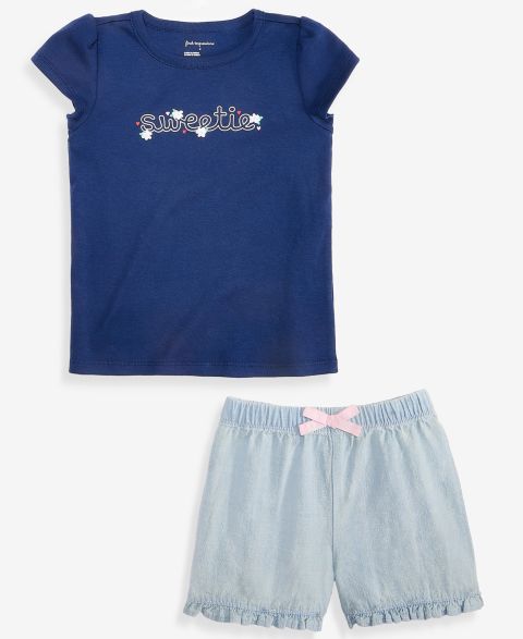 Комплекты First Impressions Mix & Match Sweetie Graphic T-Shirt & Ruffled Chambray Shorts для девочек-малышей, цвет: Светлая средняя варка