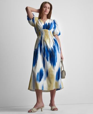 Women's Printed V-Neck Smocked Midi Dress