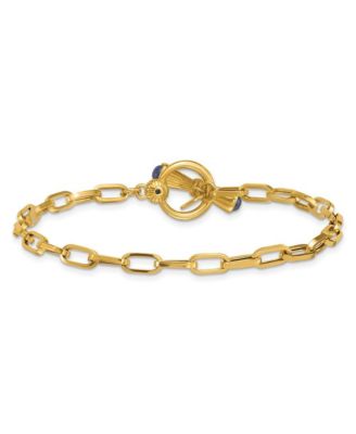 Solid 18k Yellow Gold Italian Paperclip Chain Sapphire Endcap Toggle Bracelet