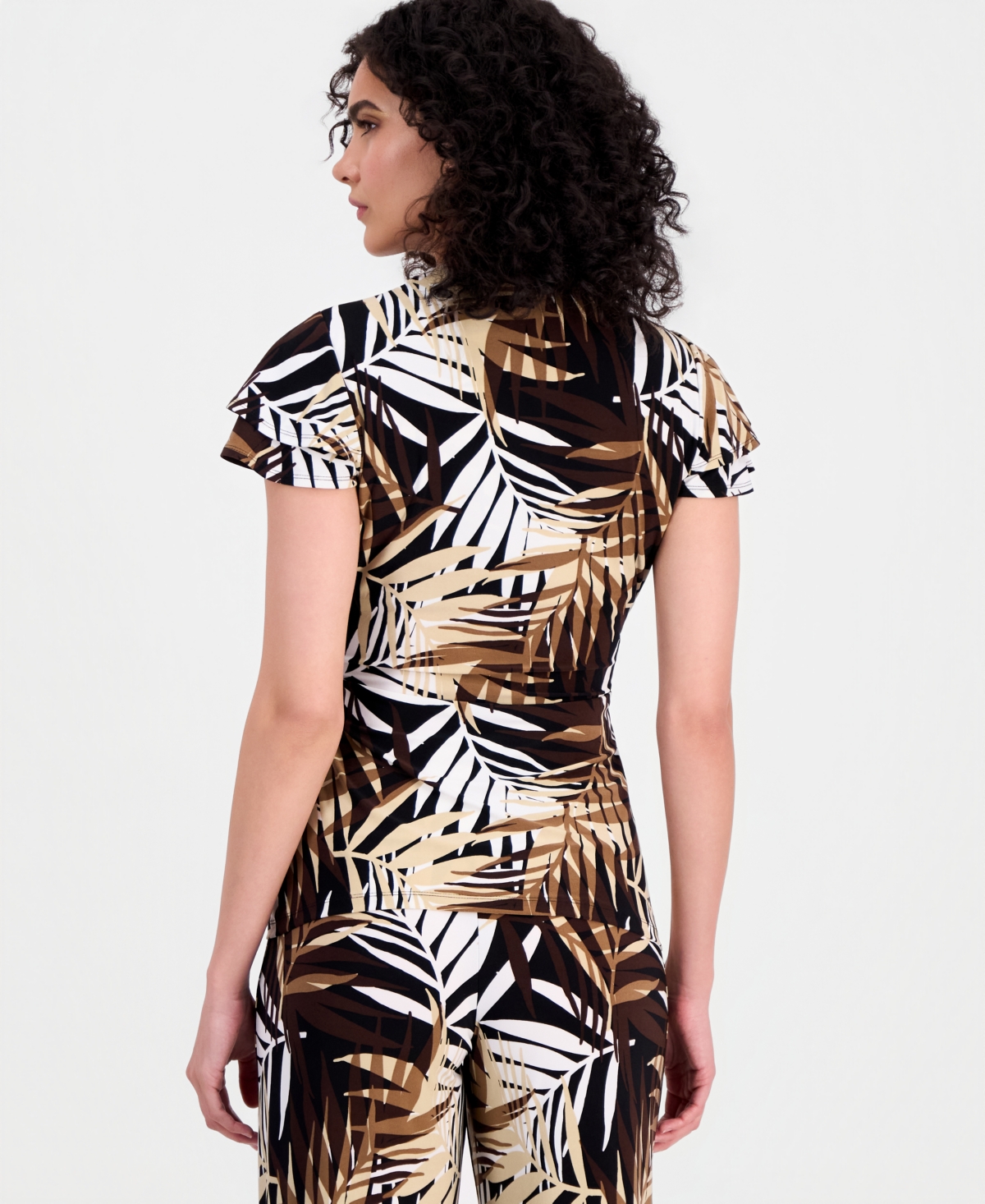 Anne Klein Women's Palm-Print Flutter-Sleeve Wrap Top