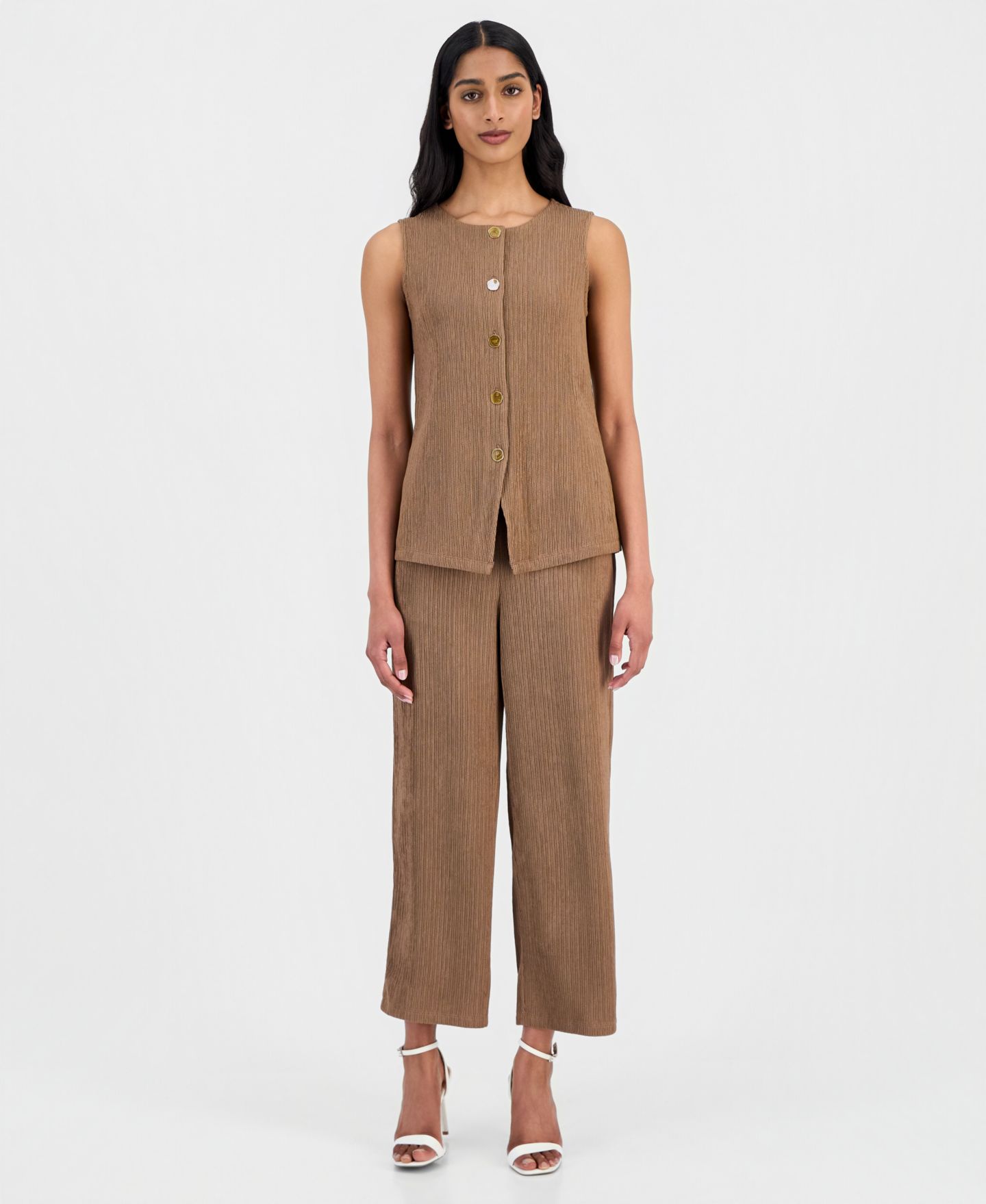 Женский топ Anne Klein Crinkle-Knit Sleeveless Button-Front Top, цвет: Серо-бежевый — фото 2