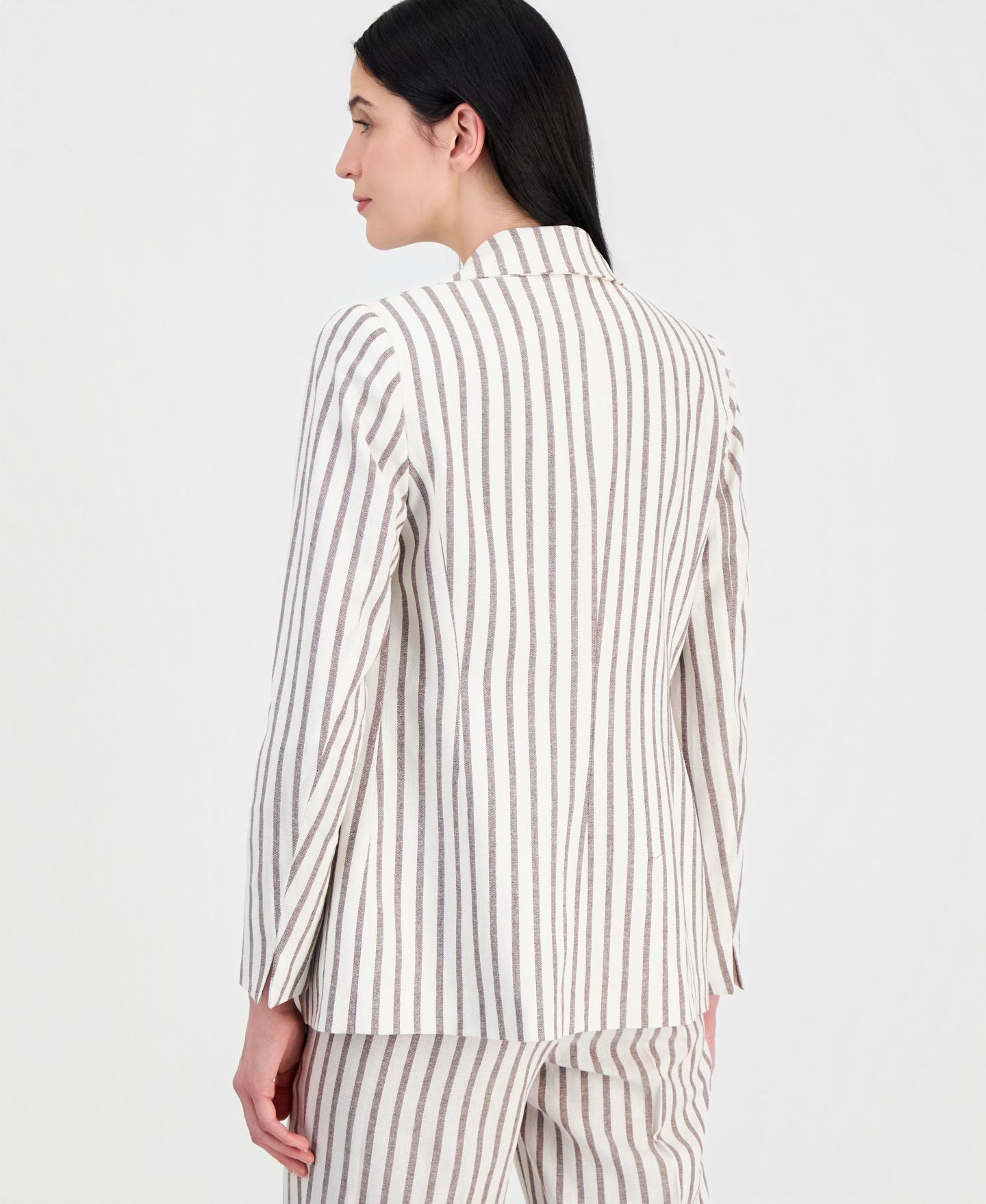 Женский пиджак Anne Klein Linen-Blend Striped Open Front Blazer, цвет: Белый / Тёмный шоколадный — фото 4