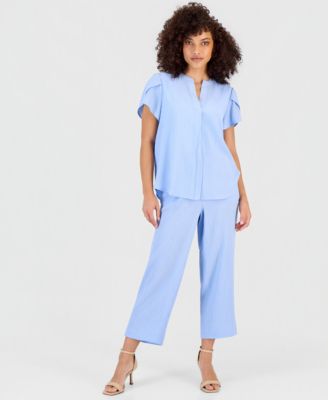 Petite Textured Tulip-Sleeve Top & Textured High Rise Pull-On Pants