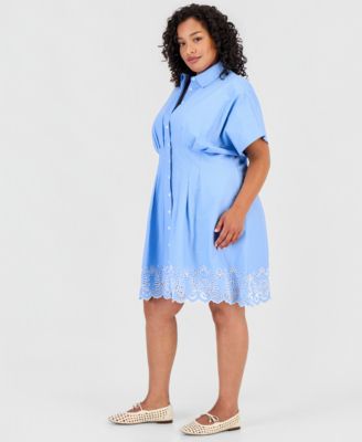 Trendy Plus Size Lotus Sprigs Cutwork Mini Shirtdress