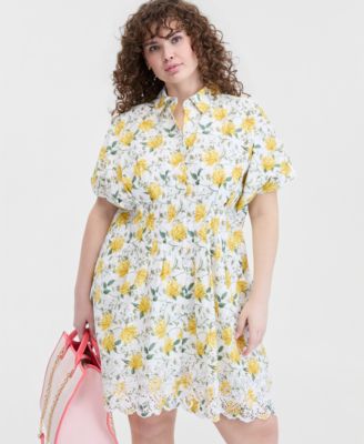 Trendy Plus Size Lotus Sprigs Cutwork Mini Shirtdress