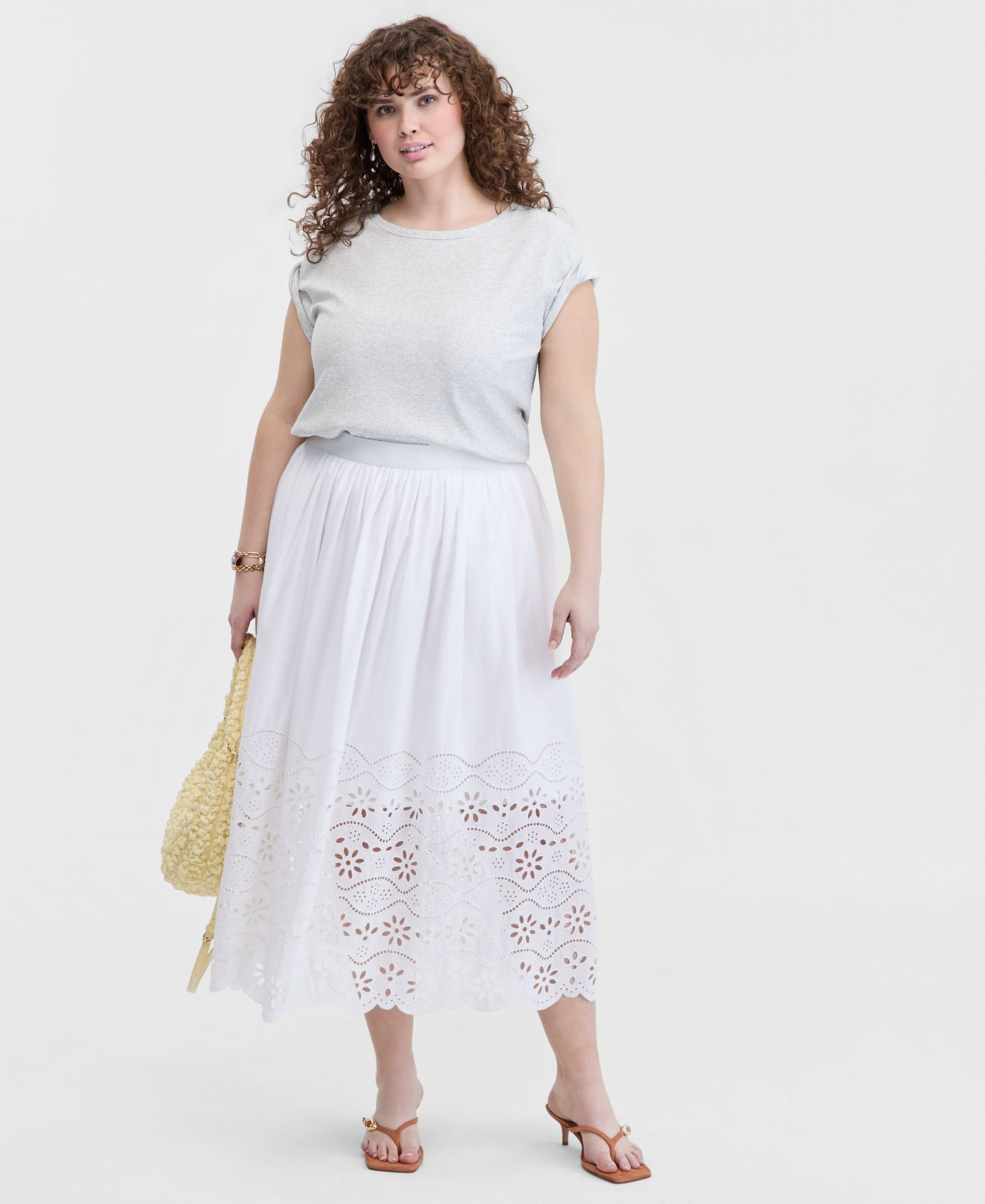 Женская юбка On 34th Trendy Plus Size Eyelet-Embroidered Midi, цвет: Яркий белый — фото 1