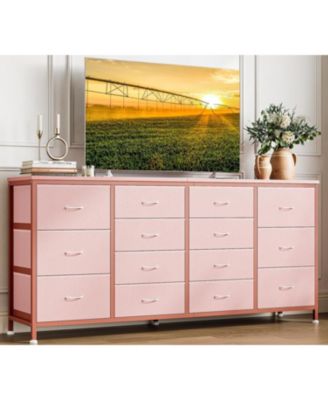 63" W Long Fabric Dresser TV Stand with 14 Drawers and Power Outlets, for 65–75 Inch TVs