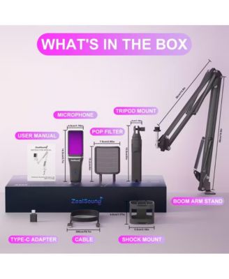 Plug&Play Gaming USB Microphone with Type-C Adapter for PC, RGB Condenser Computer Mic with Tripod Stand & Boom Arm, Quick Mute