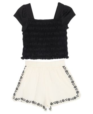 Girls' 7-16 Smocked Top and Embroidered Gauze Shorts, 3-Piece Set