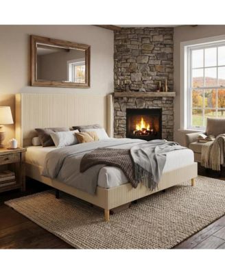 Corduroy Upholstered Wingback Bed Frame – Solid Wood Slats, No Box Spring Needed